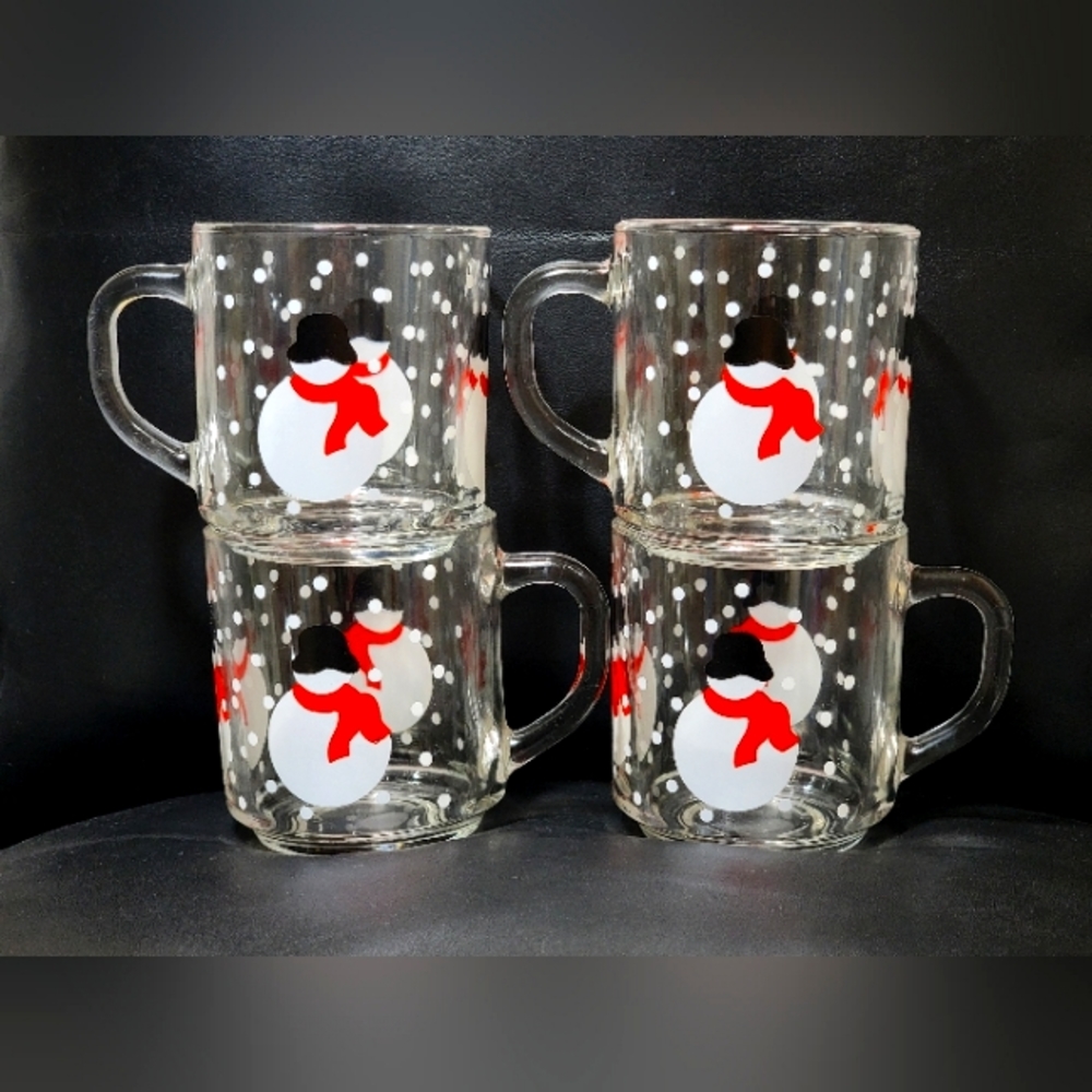 Vintage Luminarc Snowman Glass Coffee Mugs Set of 4 Clear Christmas Holiday Cups